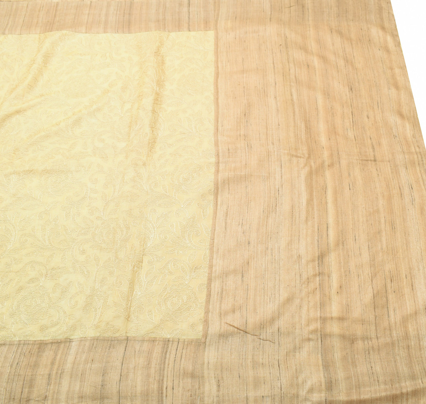 Sushila Vintage Pure Khadi Scrap Saree Cream Embroidered Premium Sari Fabric