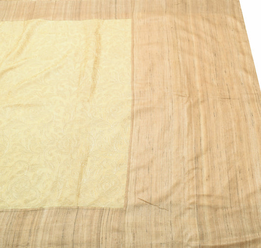 Sushila Vintage Pure Khadi Scrap Saree Cream Embroidered Premium Sari Fabric