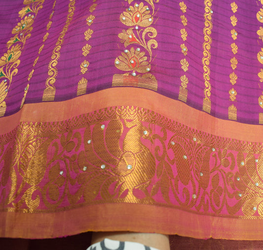 Sushila Vintage Purple Heavy Saree 100% Pure Silk Zari Woven Brocade Scrap Sari