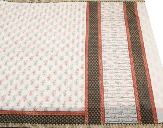 Sushila Vintage Off White Scrap Saree 100% Pure Cotton Printed Woven Sari Fabric