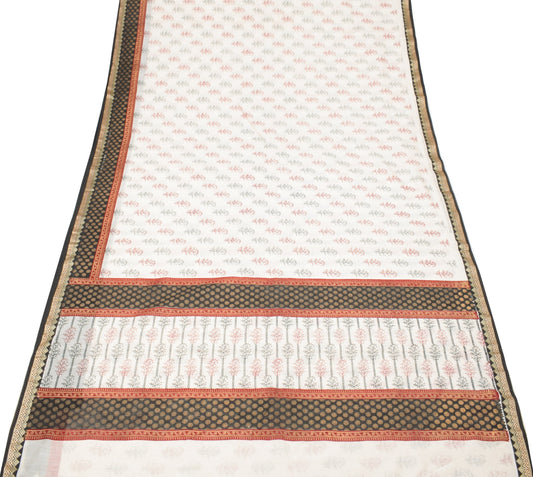 Sushila Vintage Off White Scrap Saree 100% Pure Cotton Printed Woven Sari Fabric