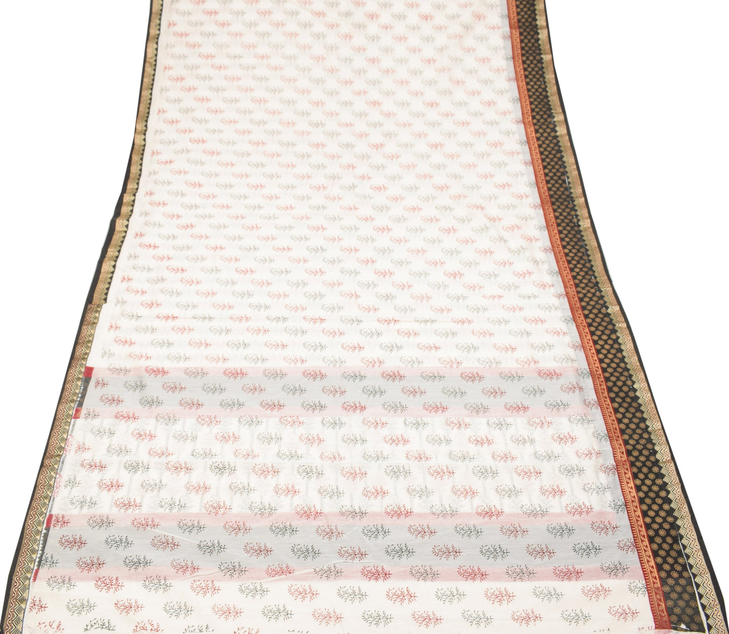Sushila Vintage Off White Scrap Saree 100% Pure Cotton Printed Woven Sari Fabric