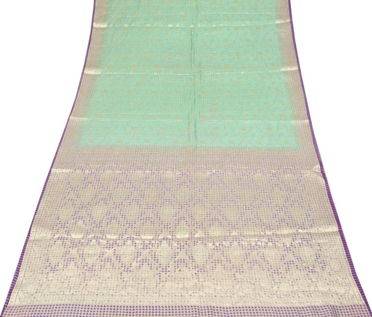 Sushila Vintage Aqua Green Scrap Saree 100% Pure Silk Woven Floral Sari Fabric