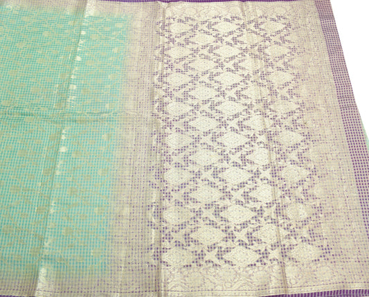 Sushila Vintage Aqua Green Scrap Saree 100% Pure Silk Woven Floral Sari Fabric