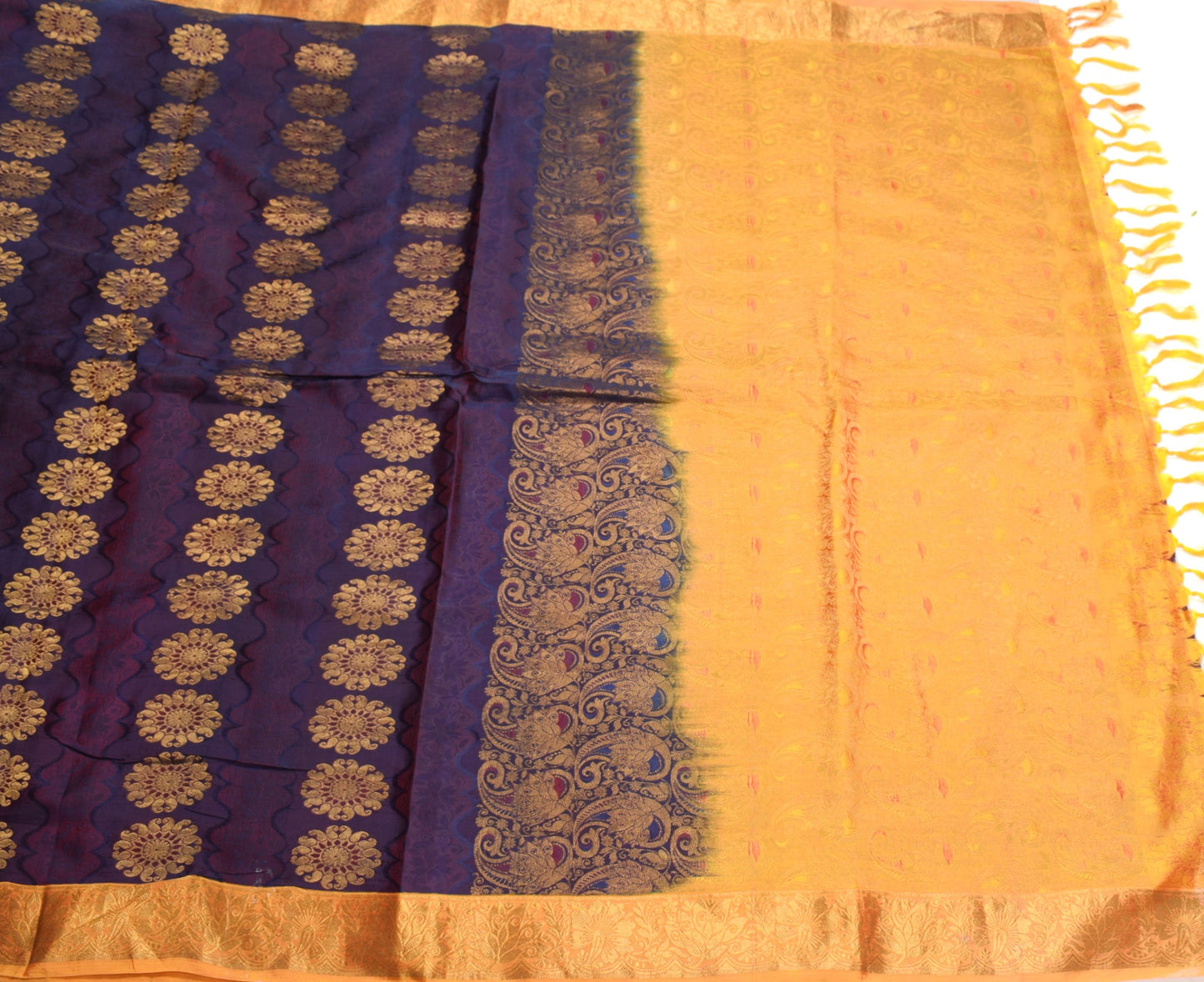 Sushila Vintage Blue Pure Silk Scrap Saree Zari & Self Woven Sari Craft Fabric