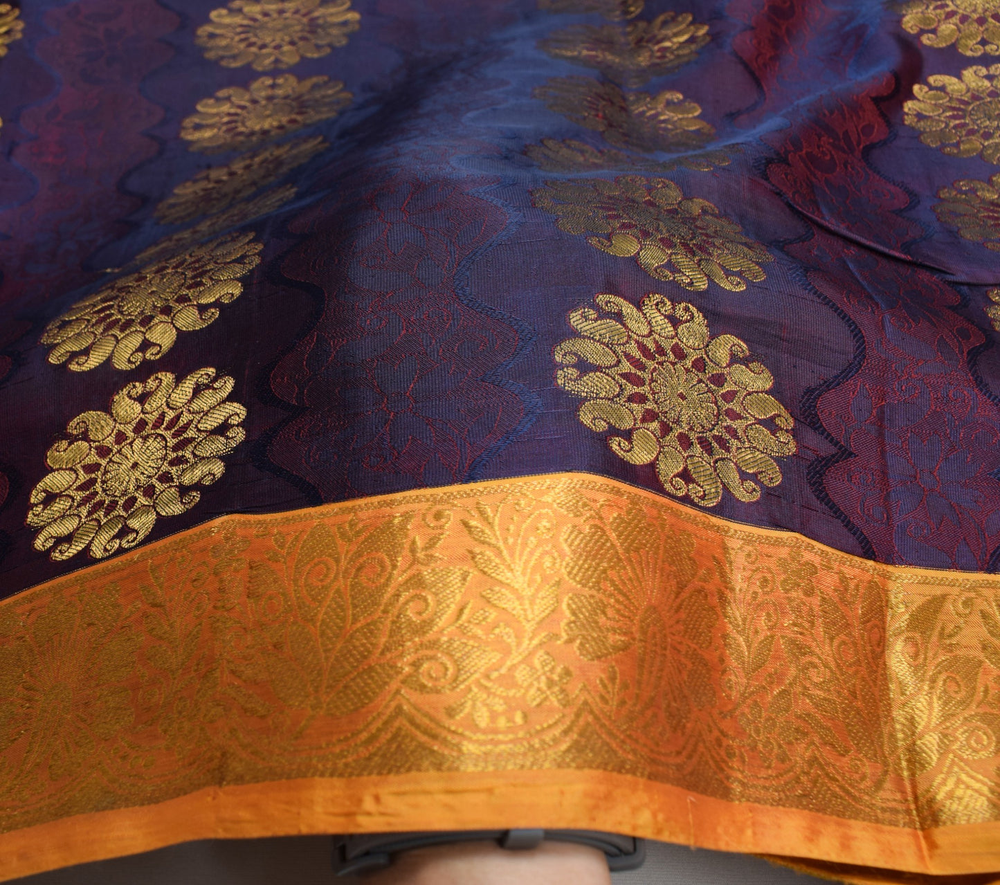 Sushila Vintage Blue Pure Silk Scrap Saree Zari & Self Woven Sari Craft Fabric