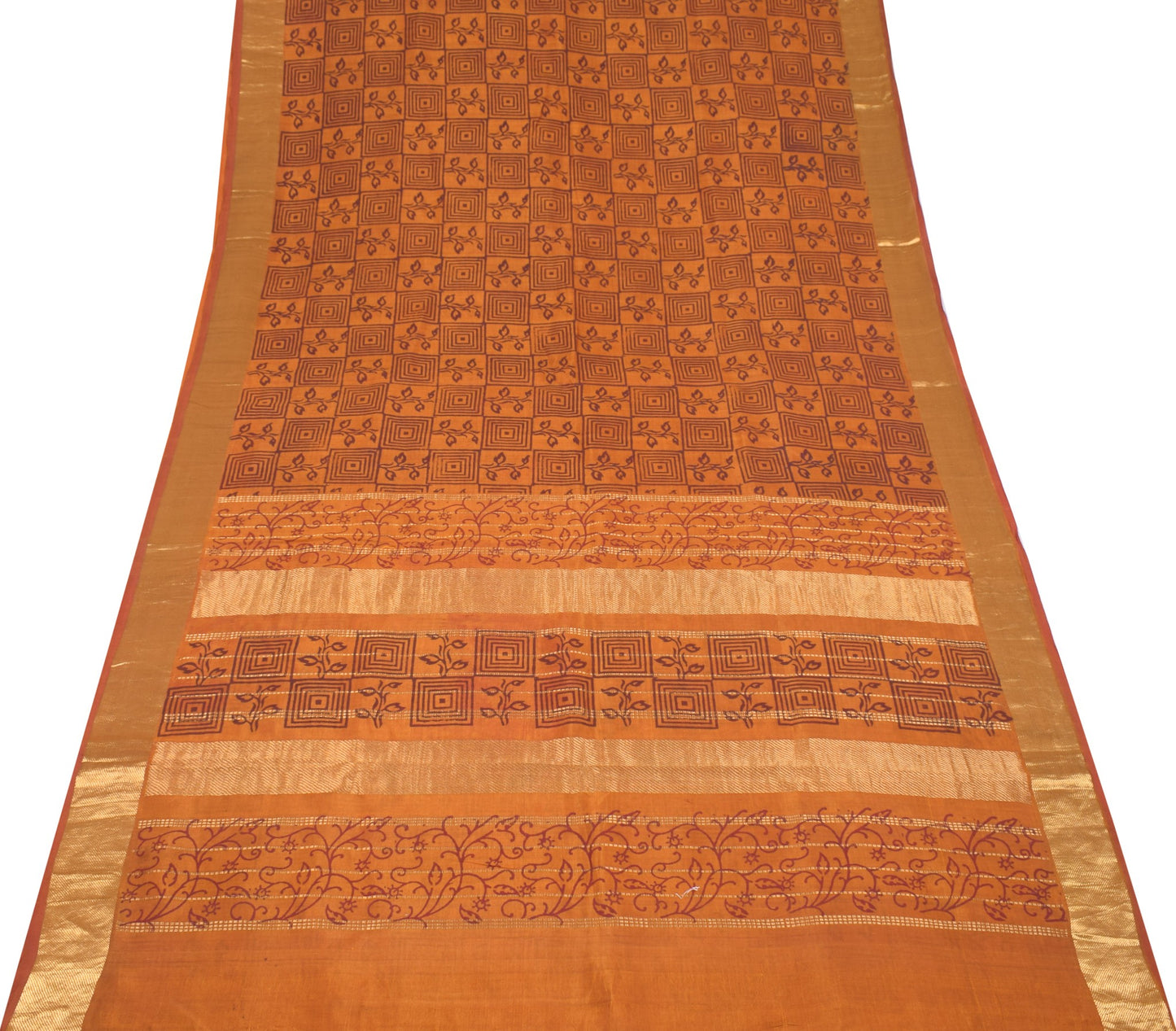 Sushila Vintage Pure Cotton Silk Scrap Saree Hand Block Printed Rust Sari Fabric