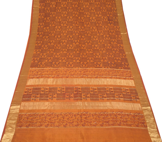 Sushila Vintage Pure Cotton Silk Scrap Saree Hand Block Printed Rust Sari Fabric