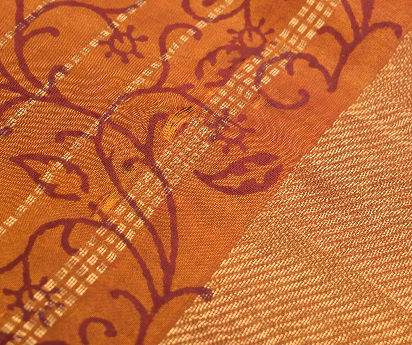 Sushila Vintage Pure Cotton Silk Scrap Saree Hand Block Printed Rust Sari Fabric