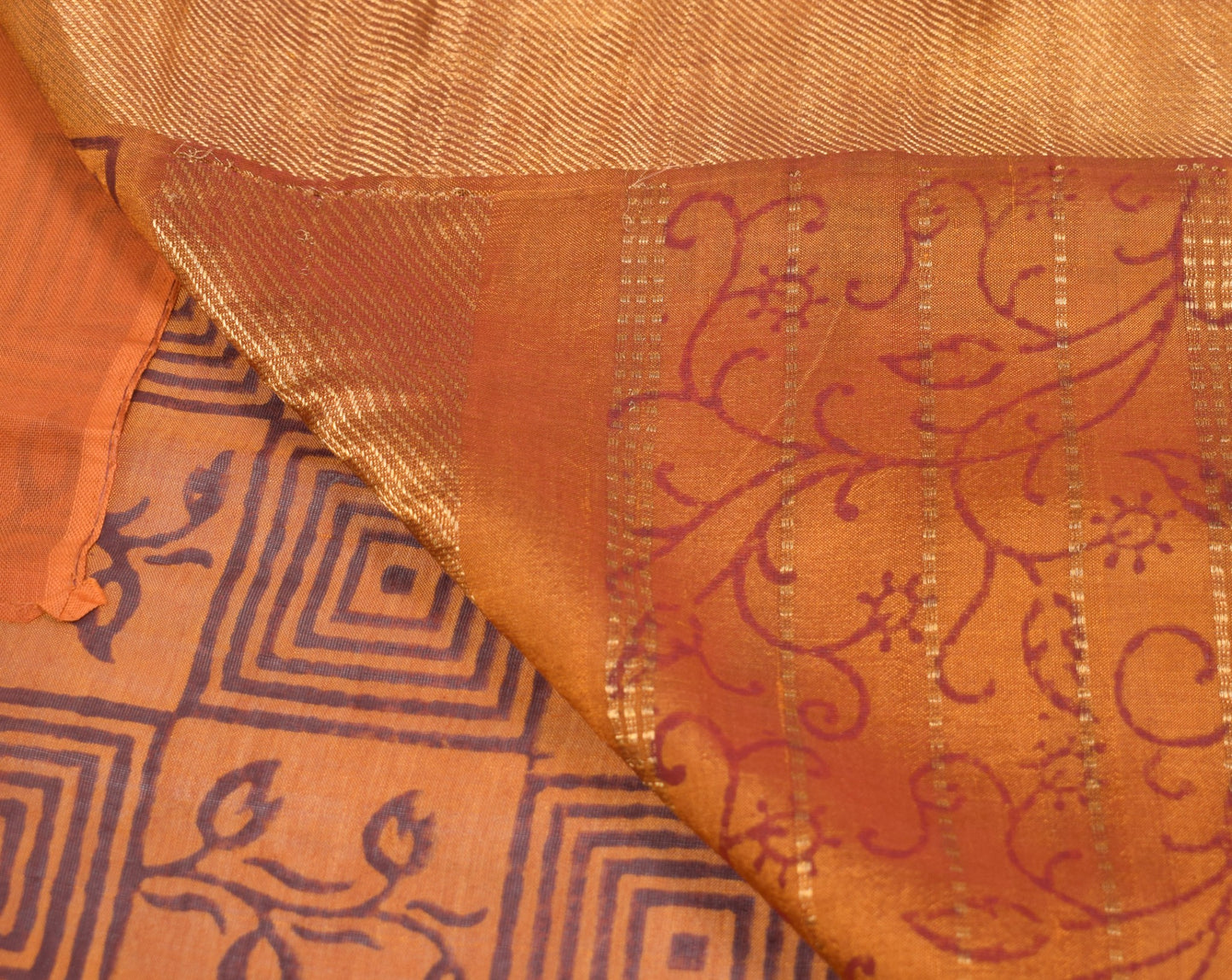 Sushila Vintage Pure Cotton Silk Scrap Saree Hand Block Printed Rust Sari Fabric