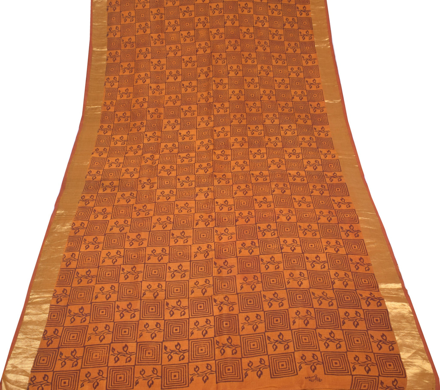 Sushila Vintage Pure Cotton Silk Scrap Saree Hand Block Printed Rust Sari Fabric