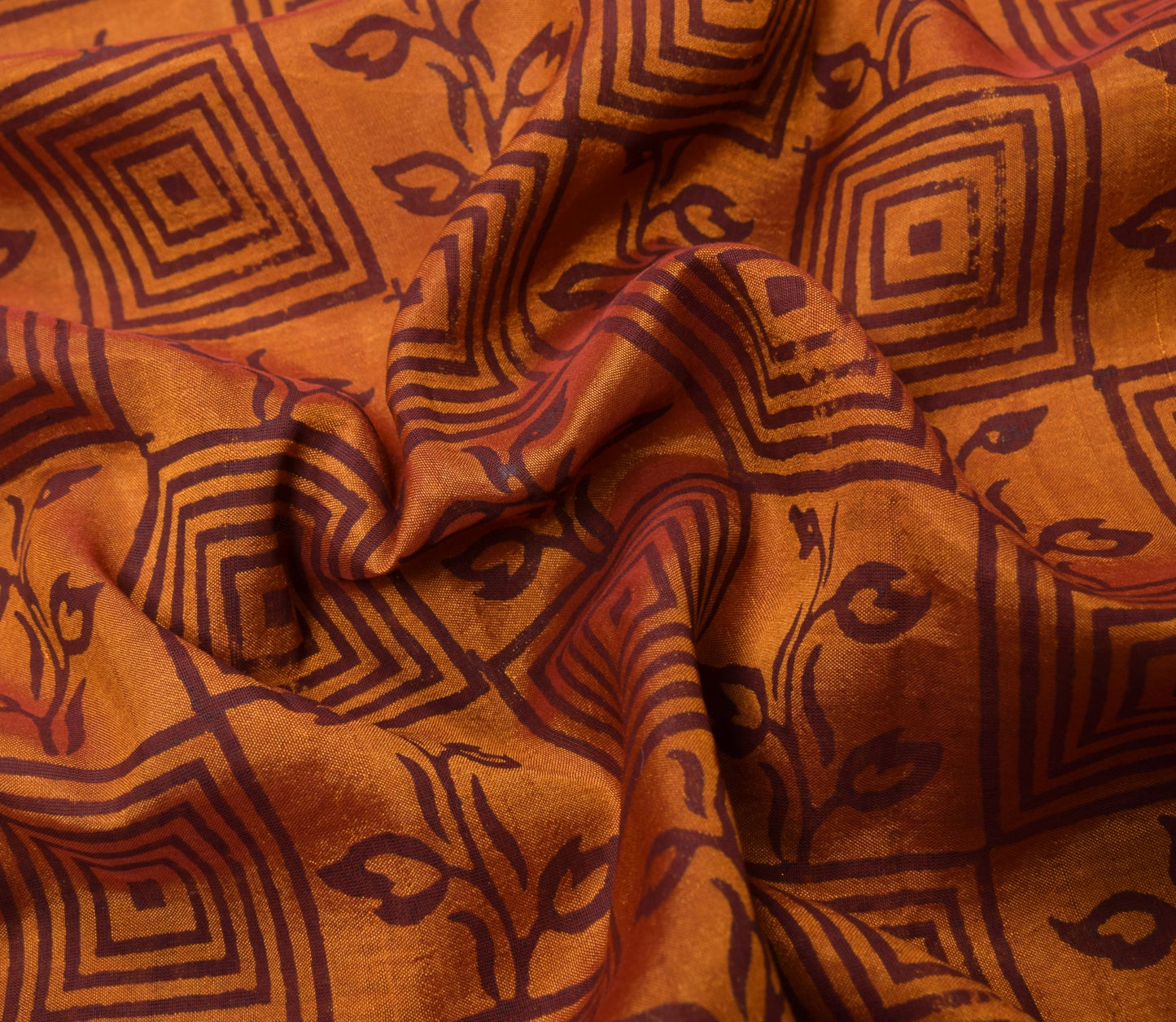 Sushila Vintage Pure Cotton Silk Scrap Saree Hand Block Printed Rust Sari Fabric