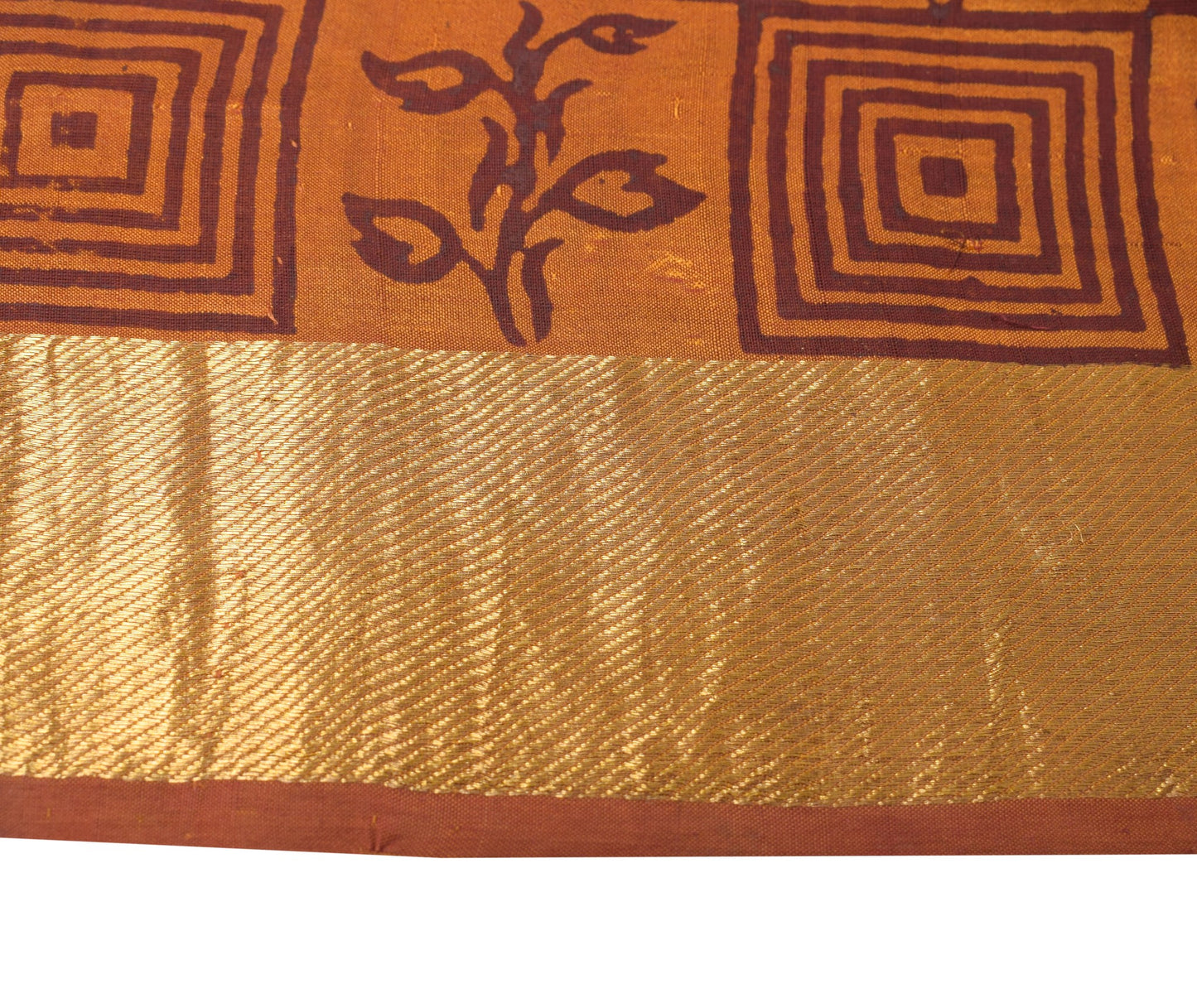 Sushila Vintage Pure Cotton Silk Scrap Saree Hand Block Printed Rust Sari Fabric