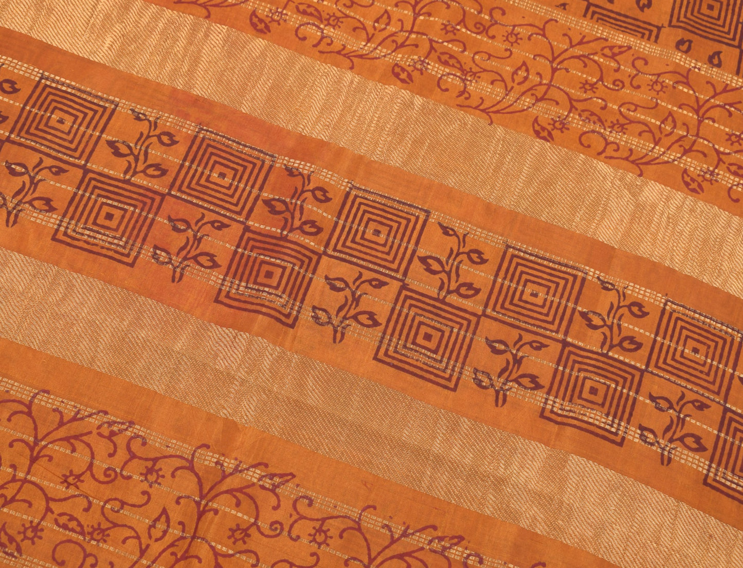 Sushila Vintage Pure Cotton Silk Scrap Saree Hand Block Printed Rust Sari Fabric