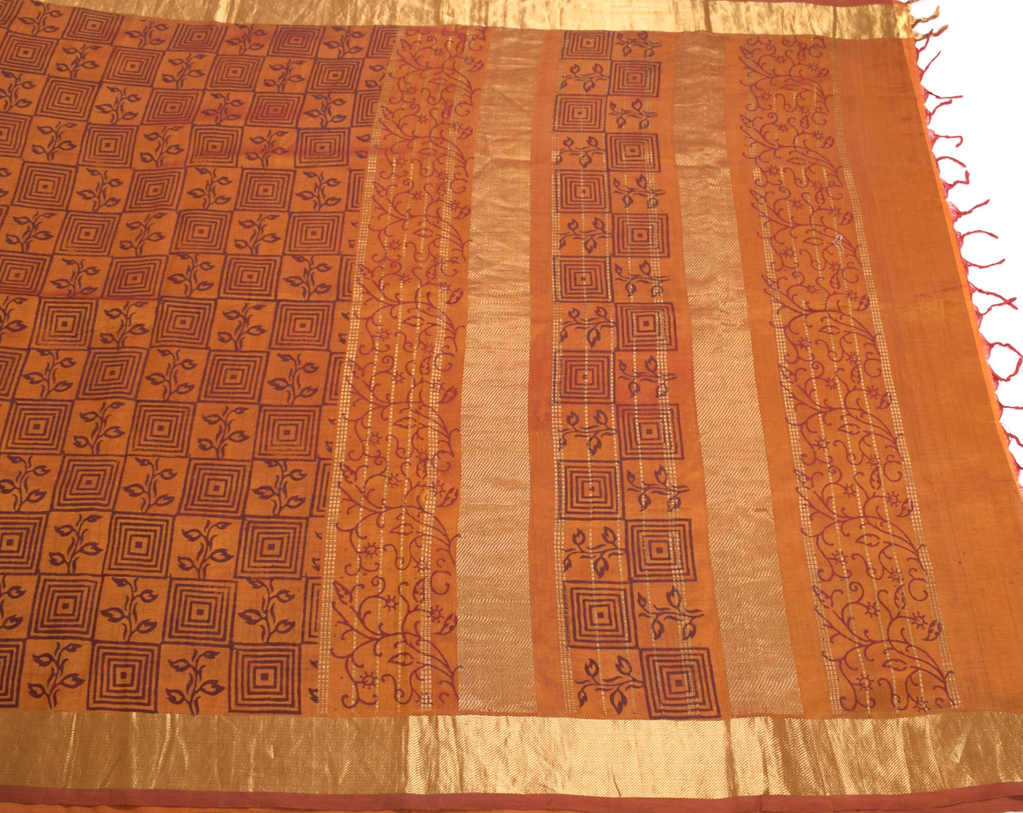 Sushila Vintage Pure Cotton Silk Scrap Saree Hand Block Printed Rust Sari Fabric
