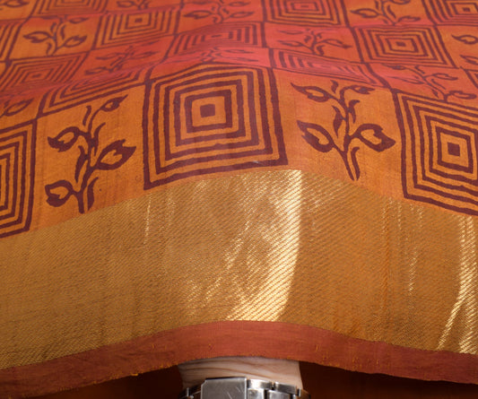 Sushila Vintage Pure Cotton Silk Scrap Saree Hand Block Printed Rust Sari Fabric