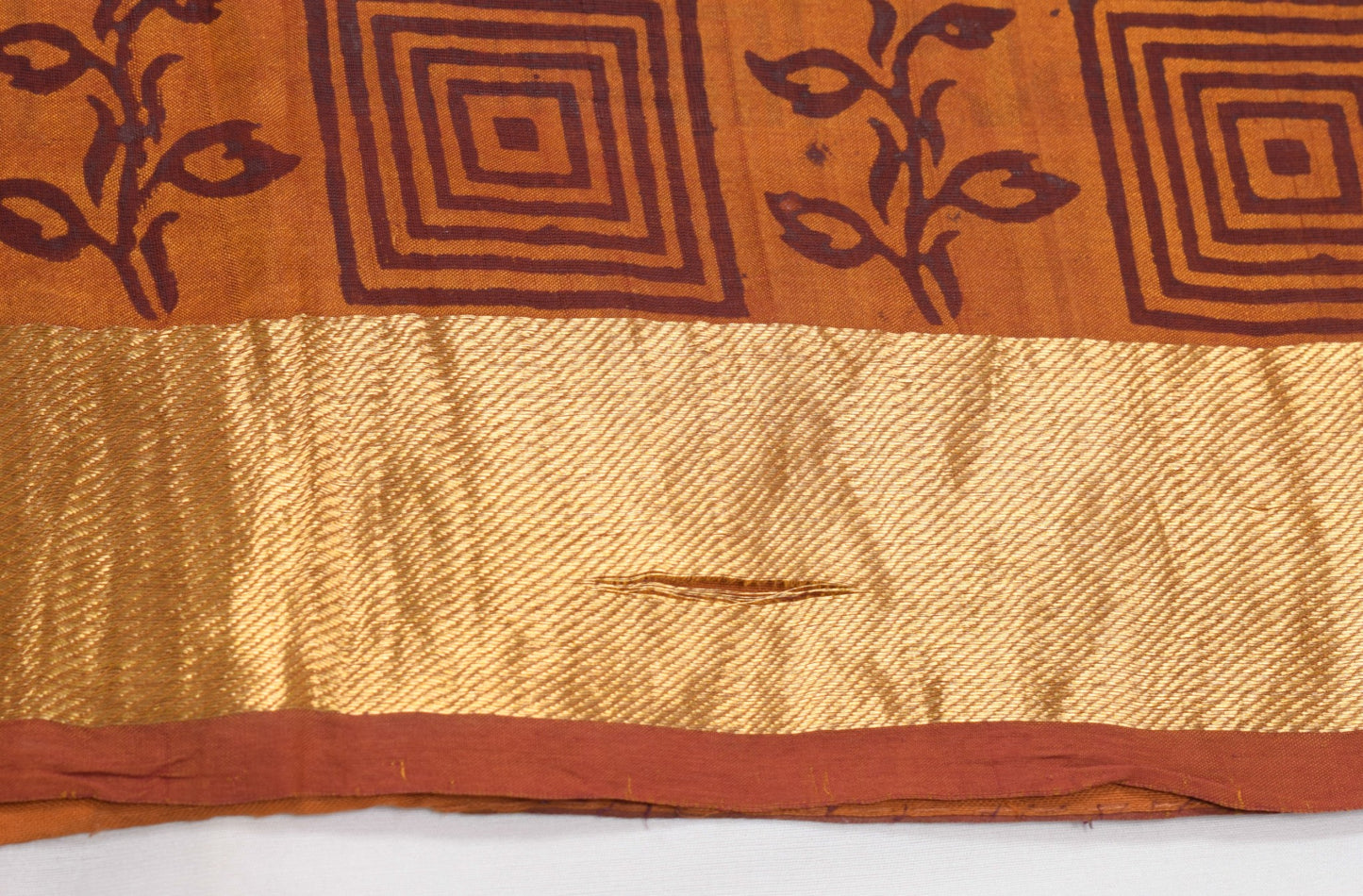 Sushila Vintage Pure Cotton Silk Scrap Saree Hand Block Printed Rust Sari Fabric