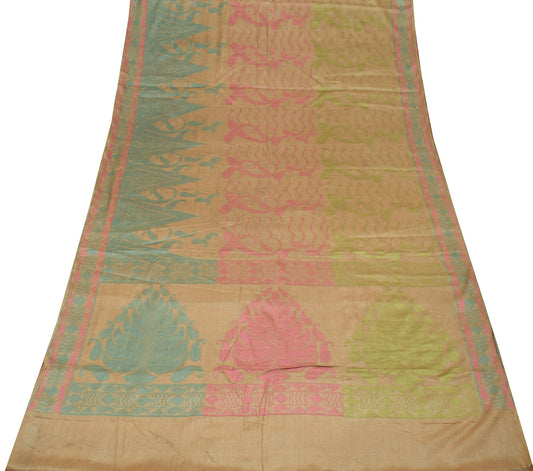 Sushila Vintage Brown Scrap Saree 100% Pure Tussar Silk Woven Craft Sari Fabric
