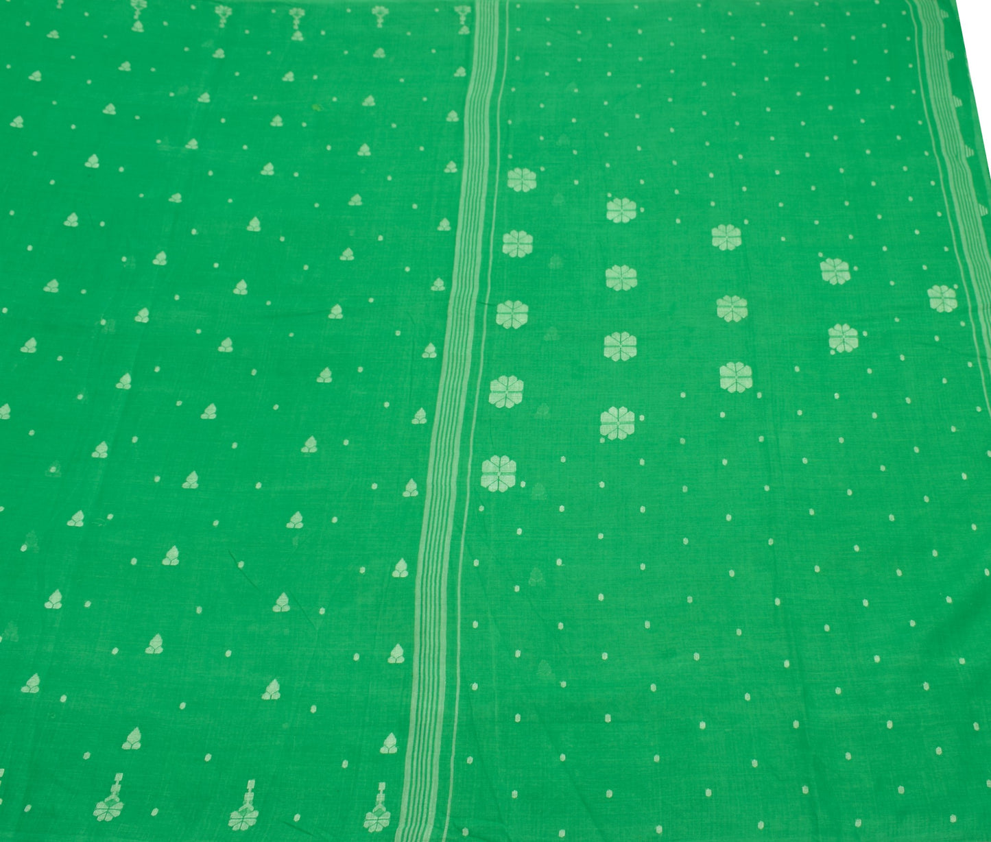 Sushila Vintage Green Scrap Saree Pure Cotton Tant Woven Bengal Sari 5YD Fabric
