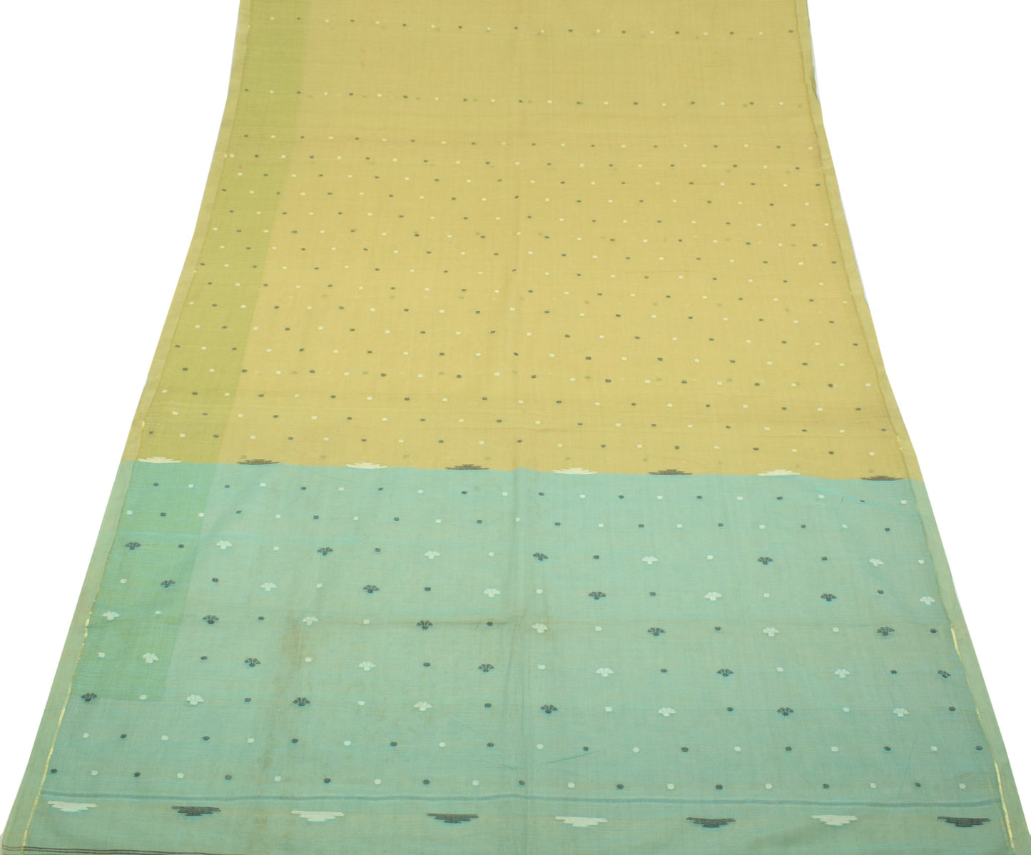 Sushila Vintage Green Scrap Saree Tant Woven Pure Cotton Bengal 5YD Sari Fabric