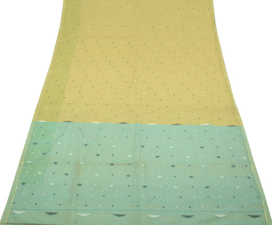 Sushila Vintage Green Scrap Saree Tant Woven Pure Cotton Bengal 5YD Sari Fabric