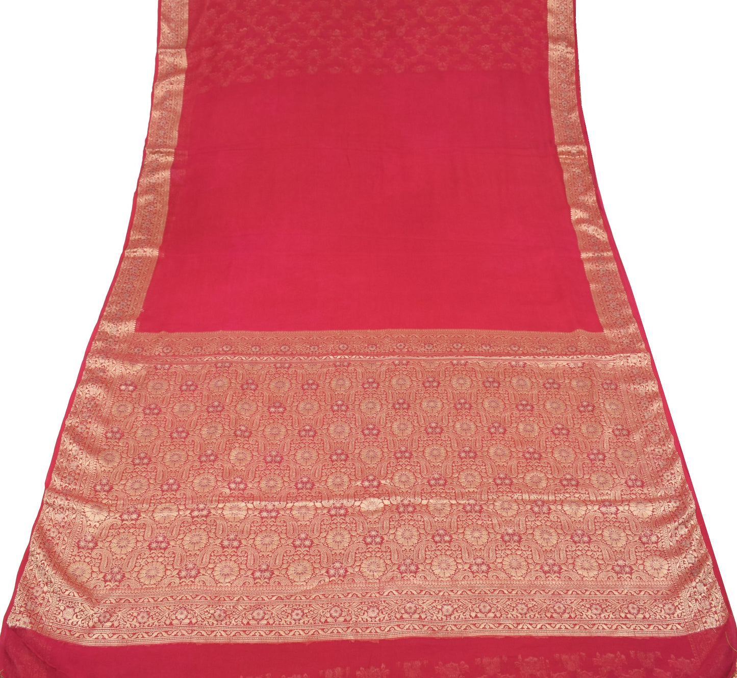 Sushila Vintage Pure Chiffon Scrap Saree Red Wedding Woven Remnant Sari Fabric