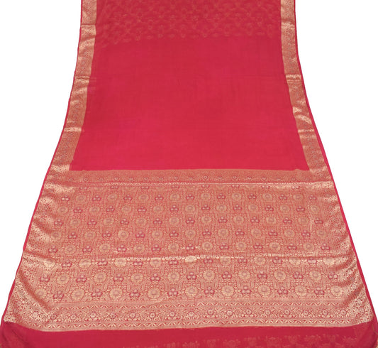 Sushila Vintage Pure Chiffon Scrap Saree Red Wedding Woven Remnant Sari Fabric