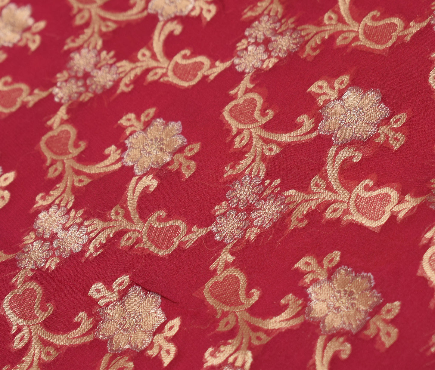 Sushila Vintage Pure Chiffon Scrap Saree Red Wedding Woven Remnant Sari Fabric