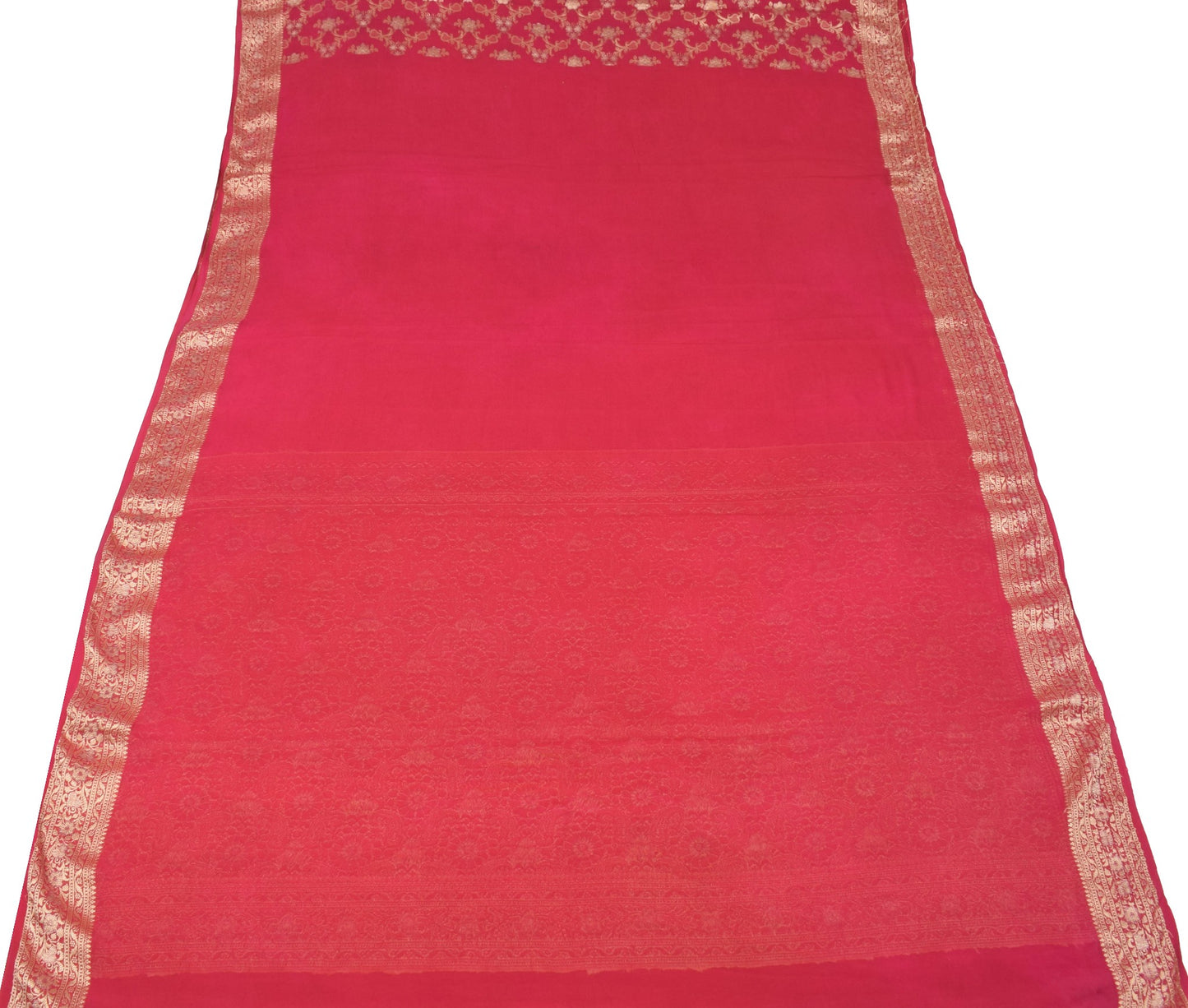 Sushila Vintage Pure Chiffon Scrap Saree Red Wedding Woven Remnant Sari Fabric
