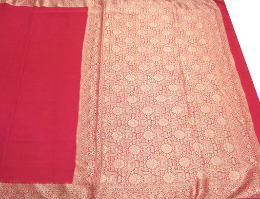 Sushila Vintage Pure Chiffon Scrap Saree Red Wedding Woven Remnant Sari Fabric