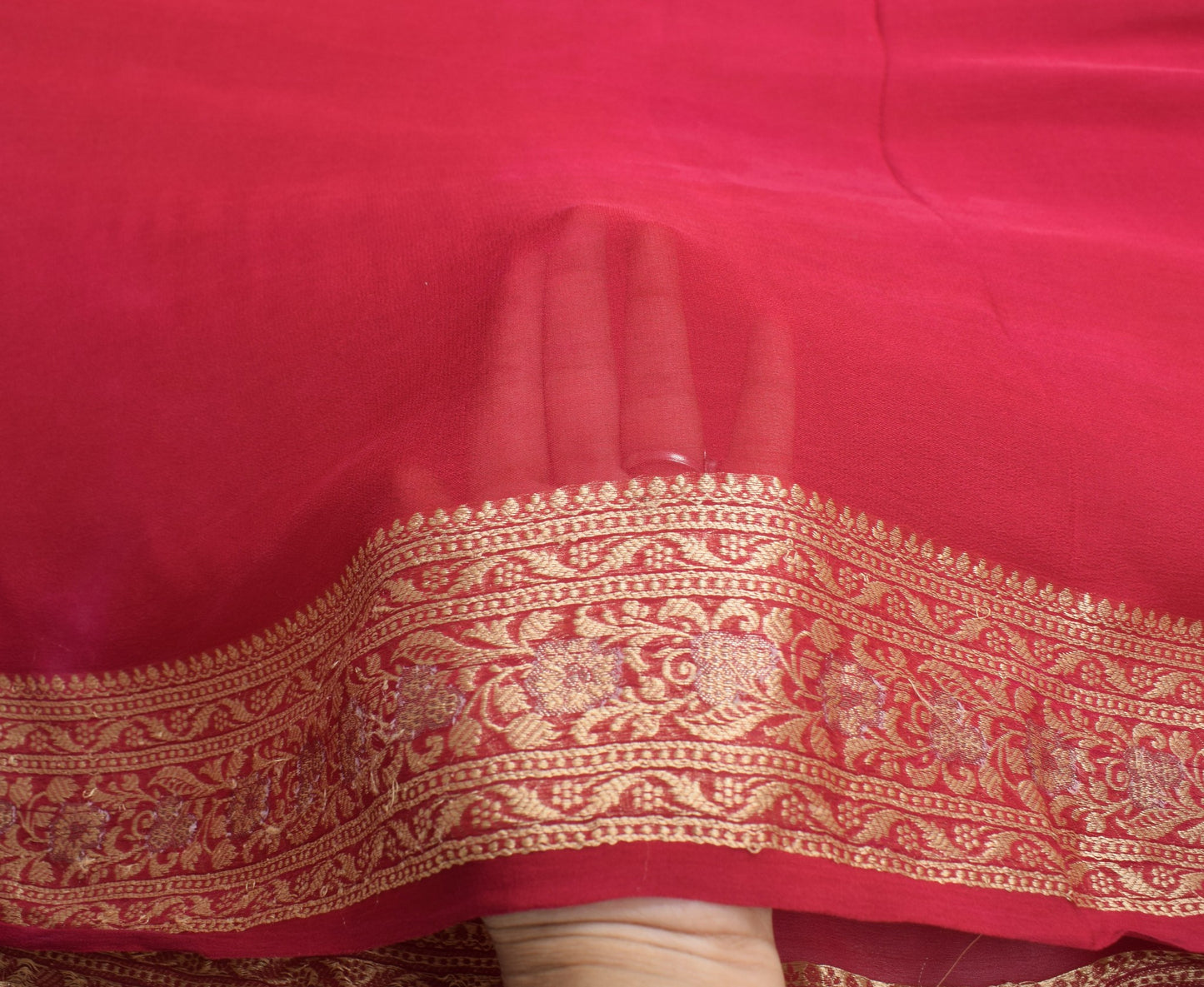 Sushila Vintage Pure Chiffon Scrap Saree Red Wedding Woven Remnant Sari Fabric