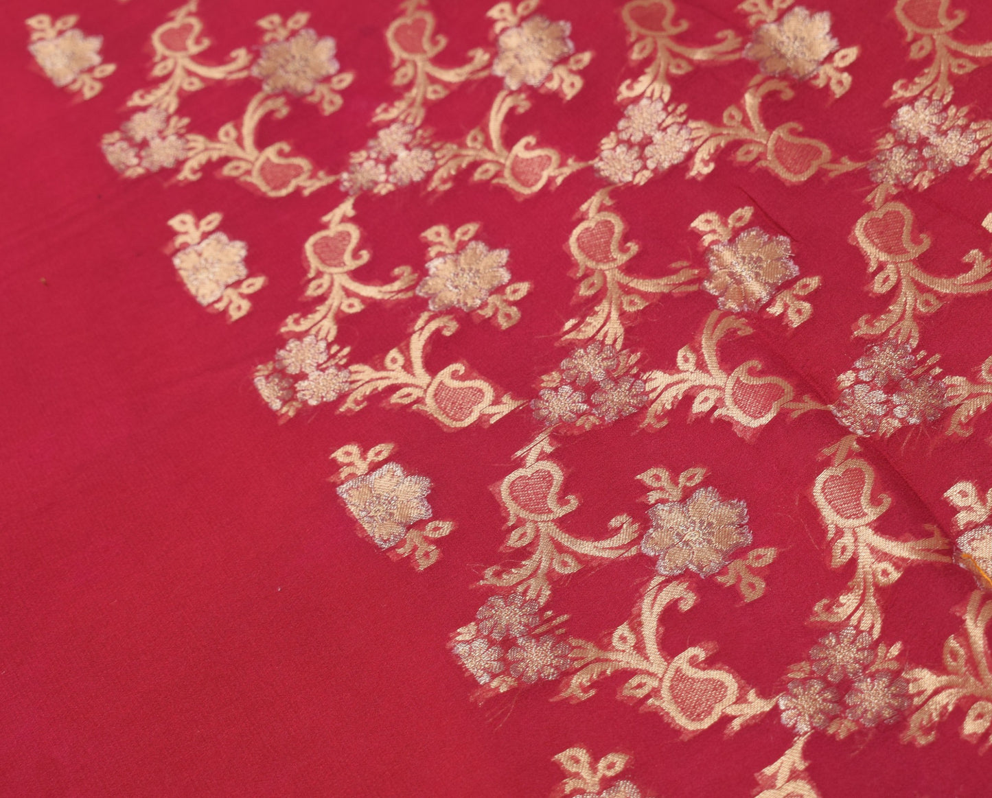 Sushila Vintage Pure Chiffon Scrap Saree Red Wedding Woven Remnant Sari Fabric