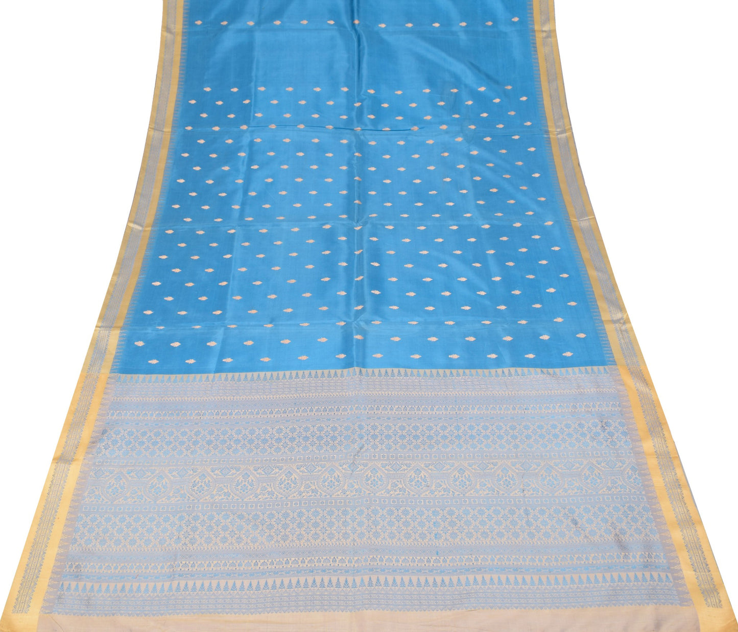 Sushila Vintage Sky Blue Scrap Saree Pure Silk Woven Floral Remnant Sari Fabric