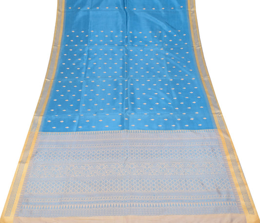 Sushila Vintage Sky Blue Scrap Saree Pure Silk Woven Floral Remnant Sari Fabric