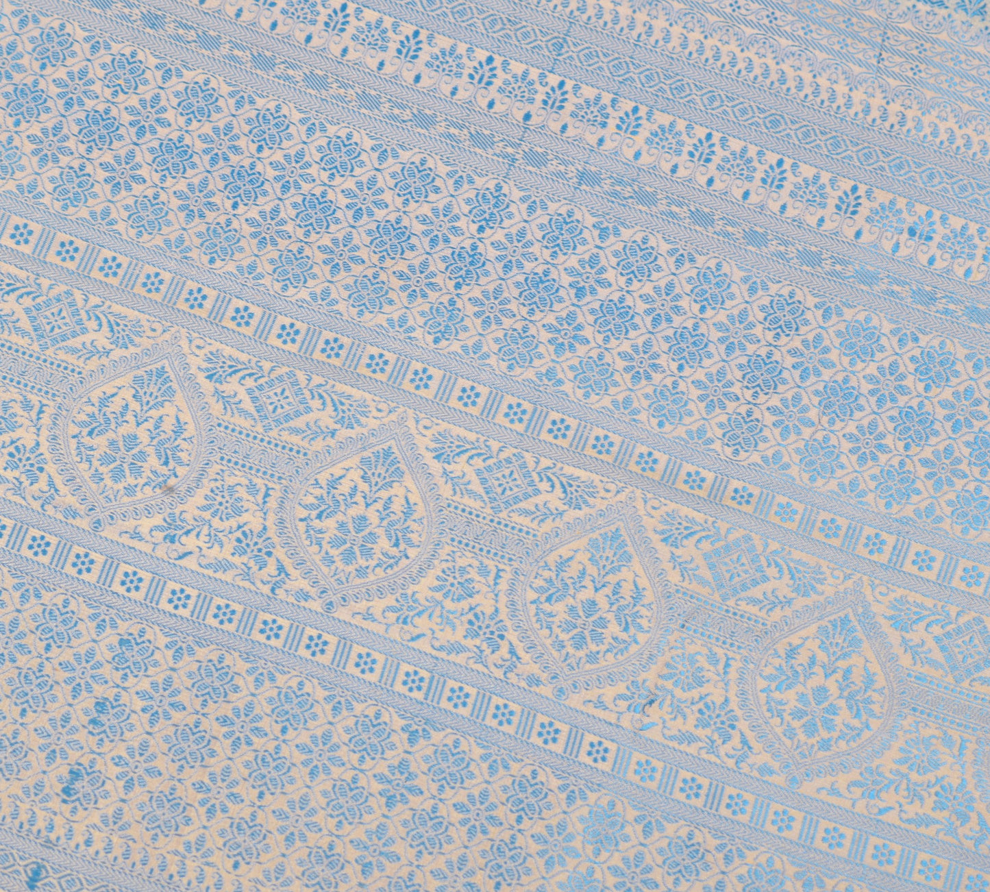 Sushila Vintage Sky Blue Scrap Saree Pure Silk Woven Floral Remnant Sari Fabric