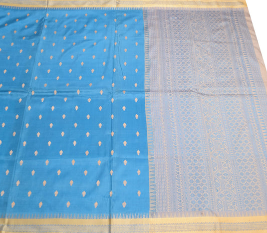 Sushila Vintage Sky Blue Scrap Saree Pure Silk Woven Floral Remnant Sari Fabric
