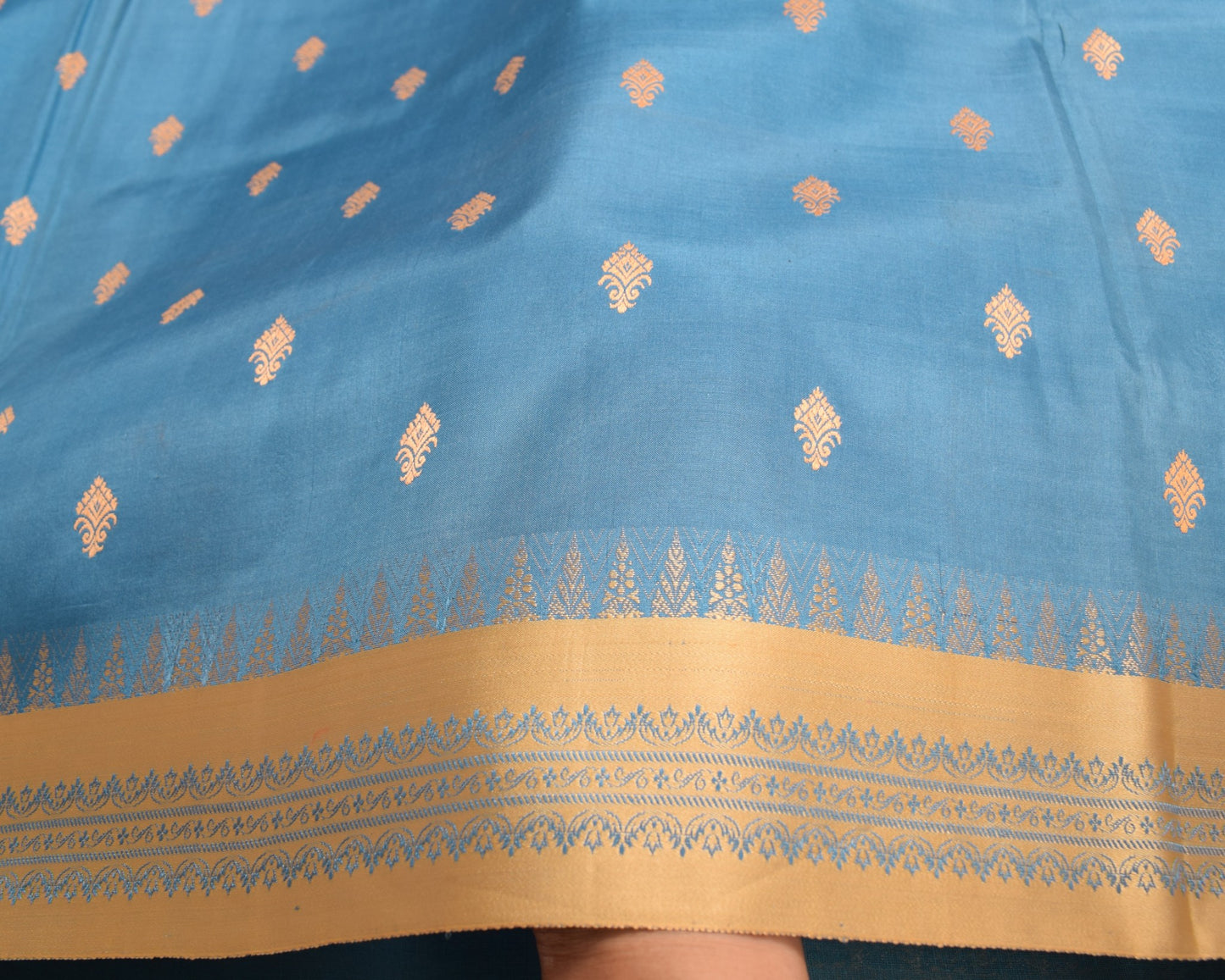 Sushila Vintage Sky Blue Scrap Saree Pure Silk Woven Floral Remnant Sari Fabric