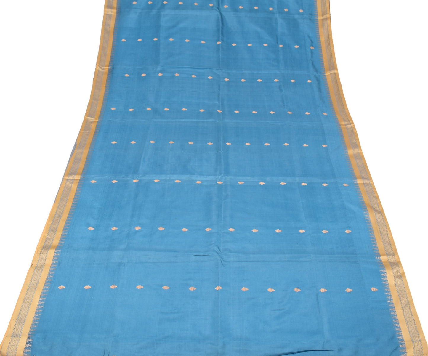 Sushila Vintage Sky Blue Scrap Saree Pure Silk Woven Floral Remnant Sari Fabric