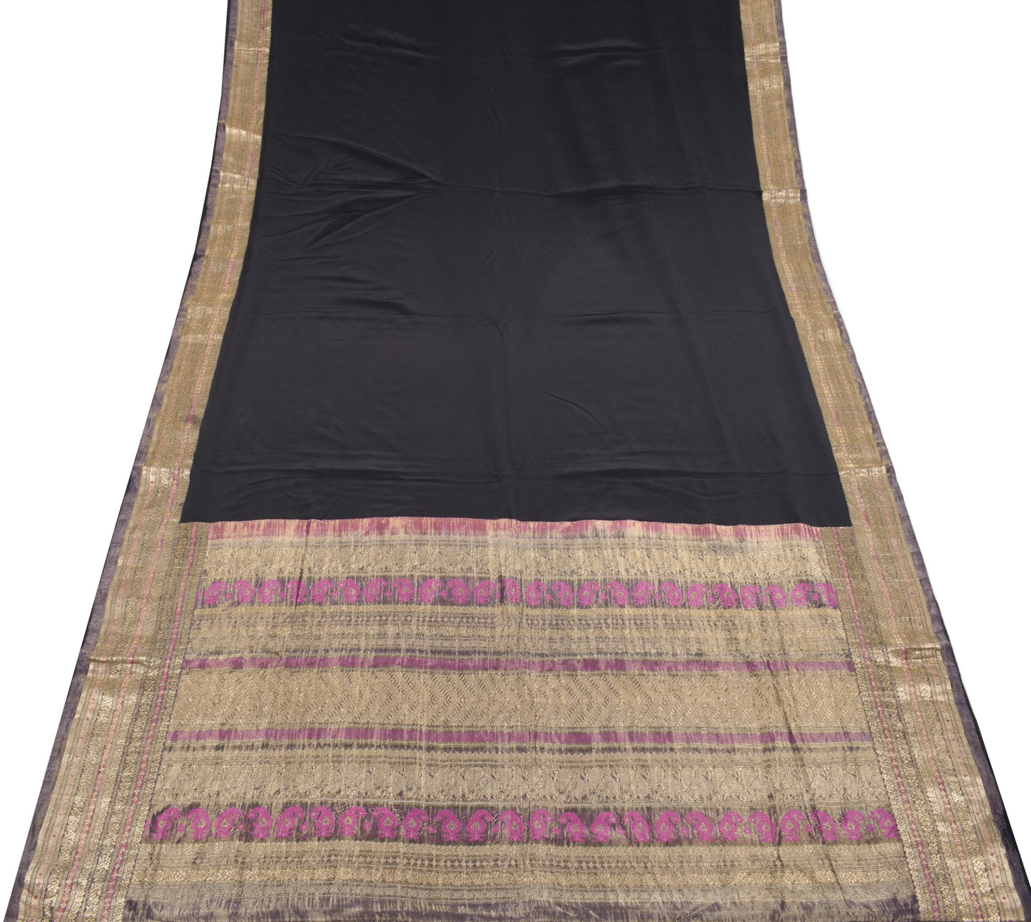 Sushila Vintage Black HEAVY Scrap Saree Pure Crepe Sari with Tissue Border Pallu