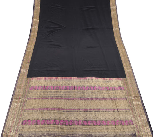 Sushila Vintage Black HEAVY Scrap Saree Pure Crepe Sari with Tissue Border Pallu