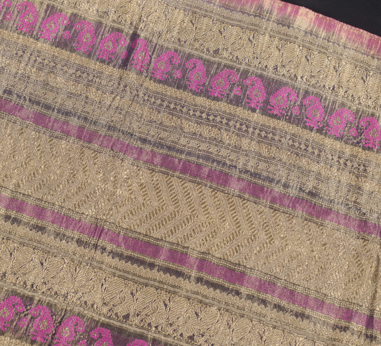 Sushila Vintage Black HEAVY Scrap Saree Pure Crepe Sari with Tissue Border Pallu