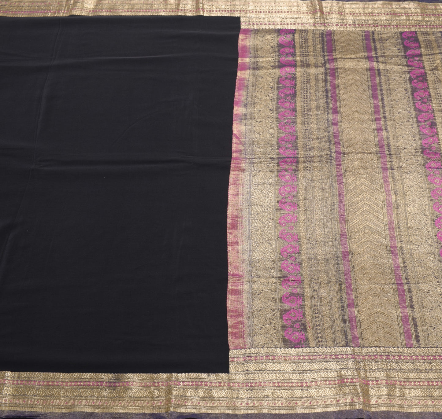 Sushila Vintage Black HEAVY Scrap Saree Pure Crepe Sari with Tissue Border Pallu