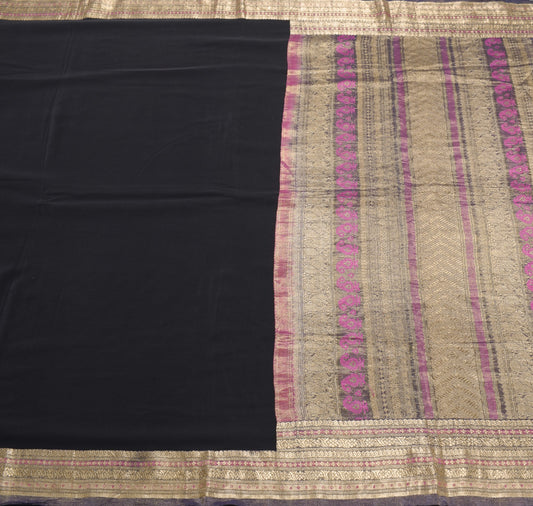 Sushila Vintage Black HEAVY Scrap Saree Pure Crepe Sari with Tissue Border Pallu
