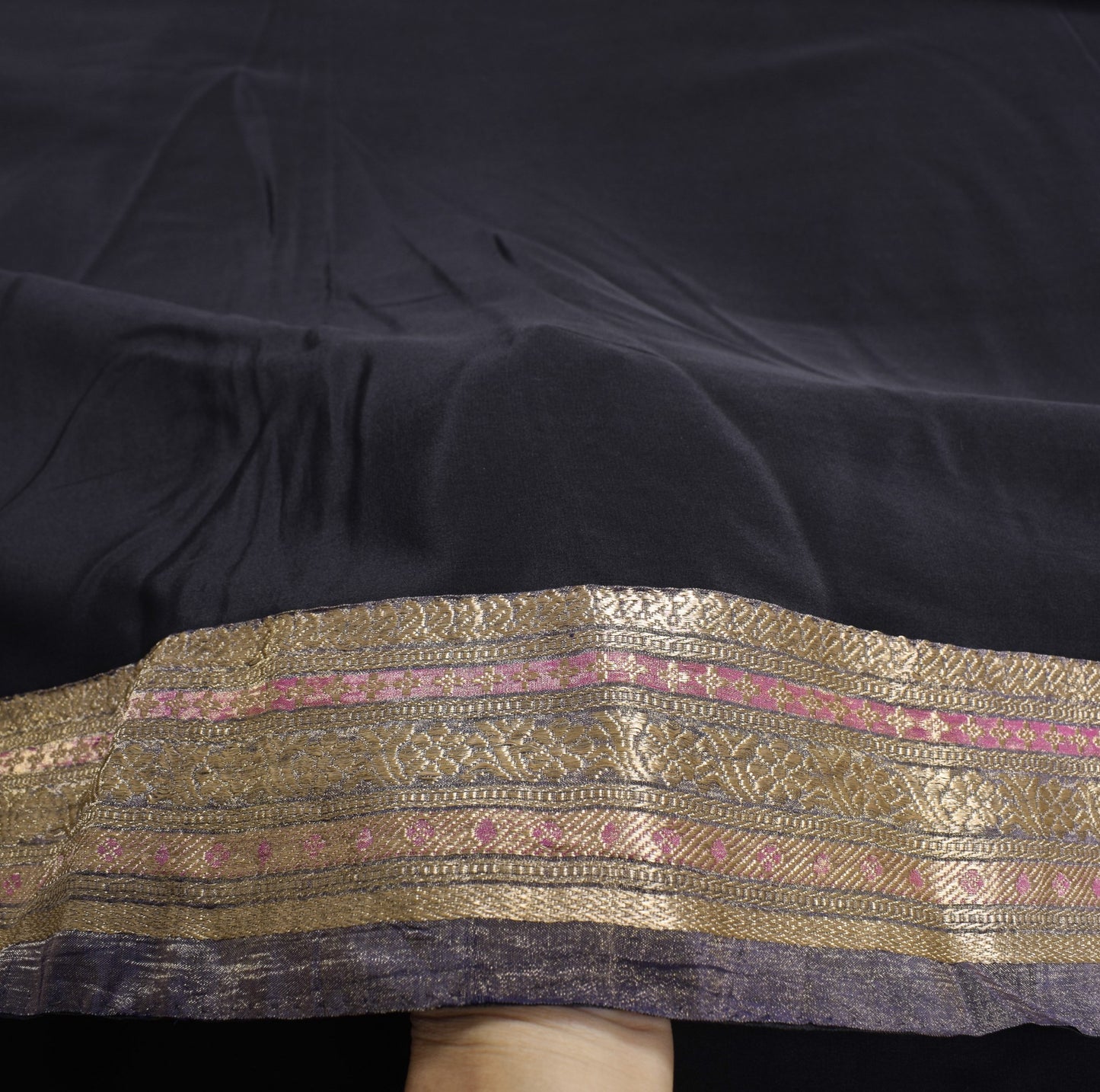 Sushila Vintage Black HEAVY Scrap Saree Pure Crepe Sari with Tissue Border Pallu
