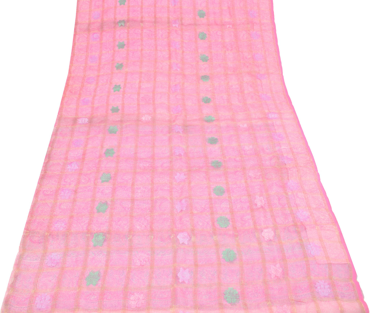 Sushila Vintage Pink Scrap Saree 100% Pure Silk Printed & Tant Woven Sari Fabric