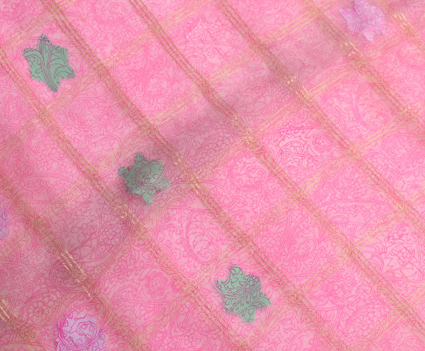 Sushila Vintage Pink Scrap Saree 100% Pure Silk Printed & Tant Woven Sari Fabric