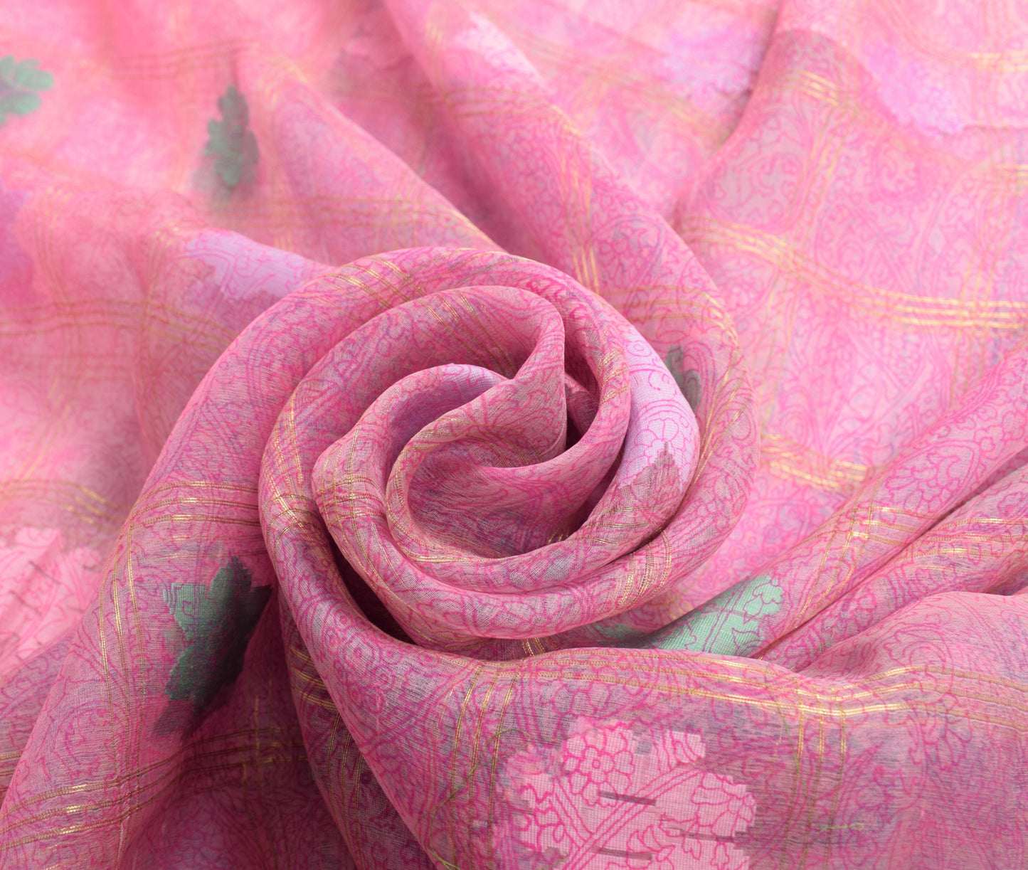 Sushila Vintage Pink Scrap Saree 100% Pure Silk Printed & Tant Woven Sari Fabric