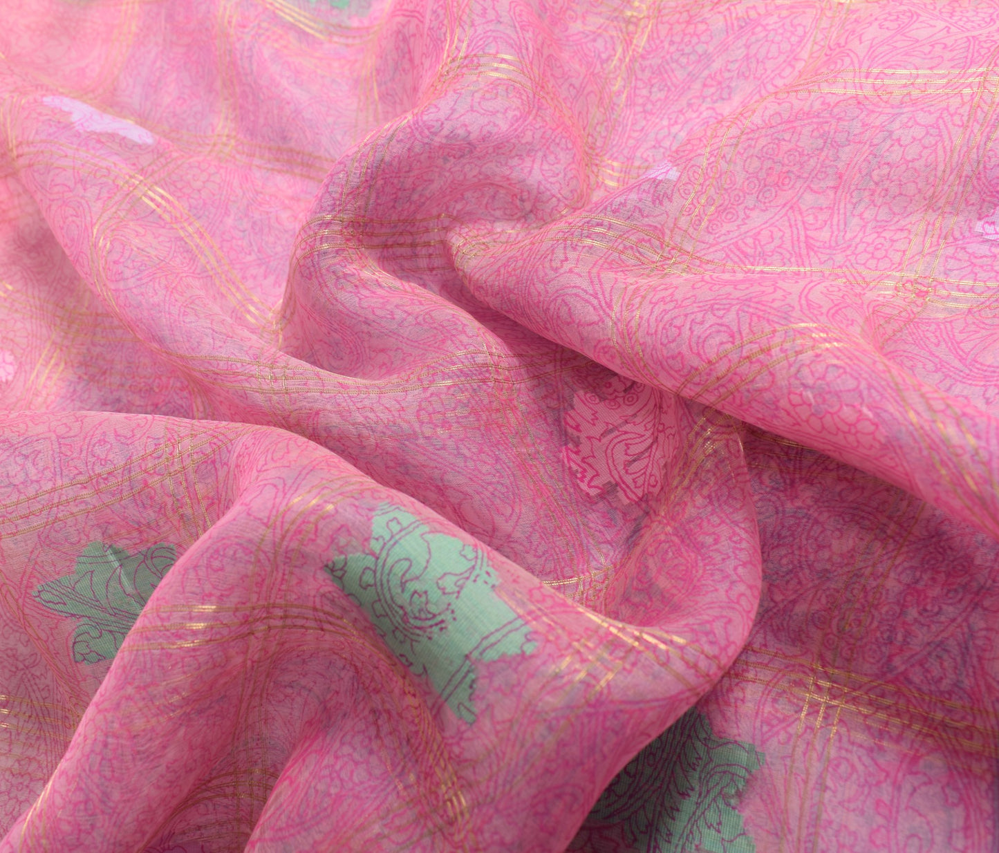 Sushila Vintage Pink Scrap Saree 100% Pure Silk Printed & Tant Woven Sari Fabric