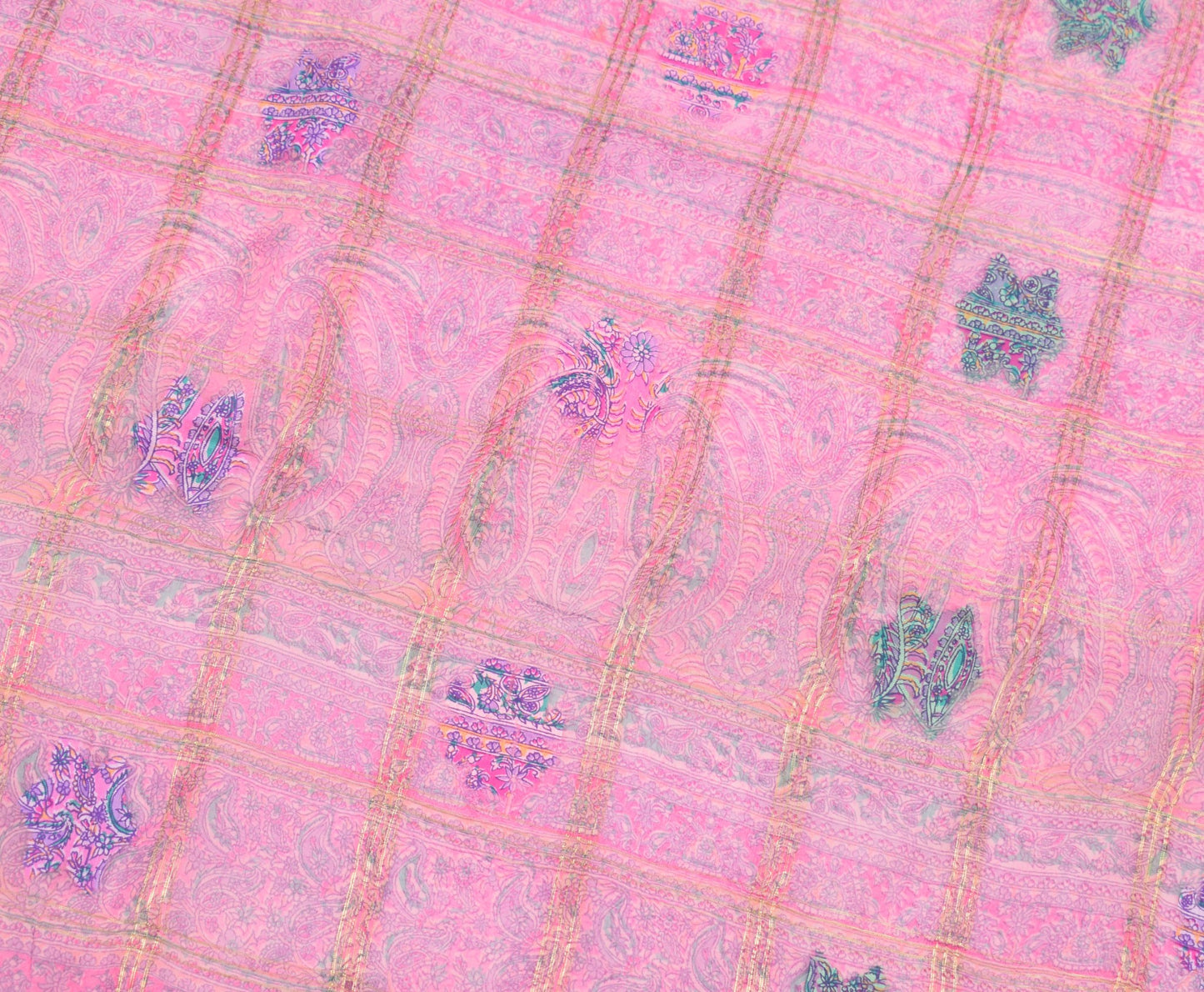 Sushila Vintage Pink Scrap Saree 100% Pure Silk Printed & Tant Woven Sari Fabric