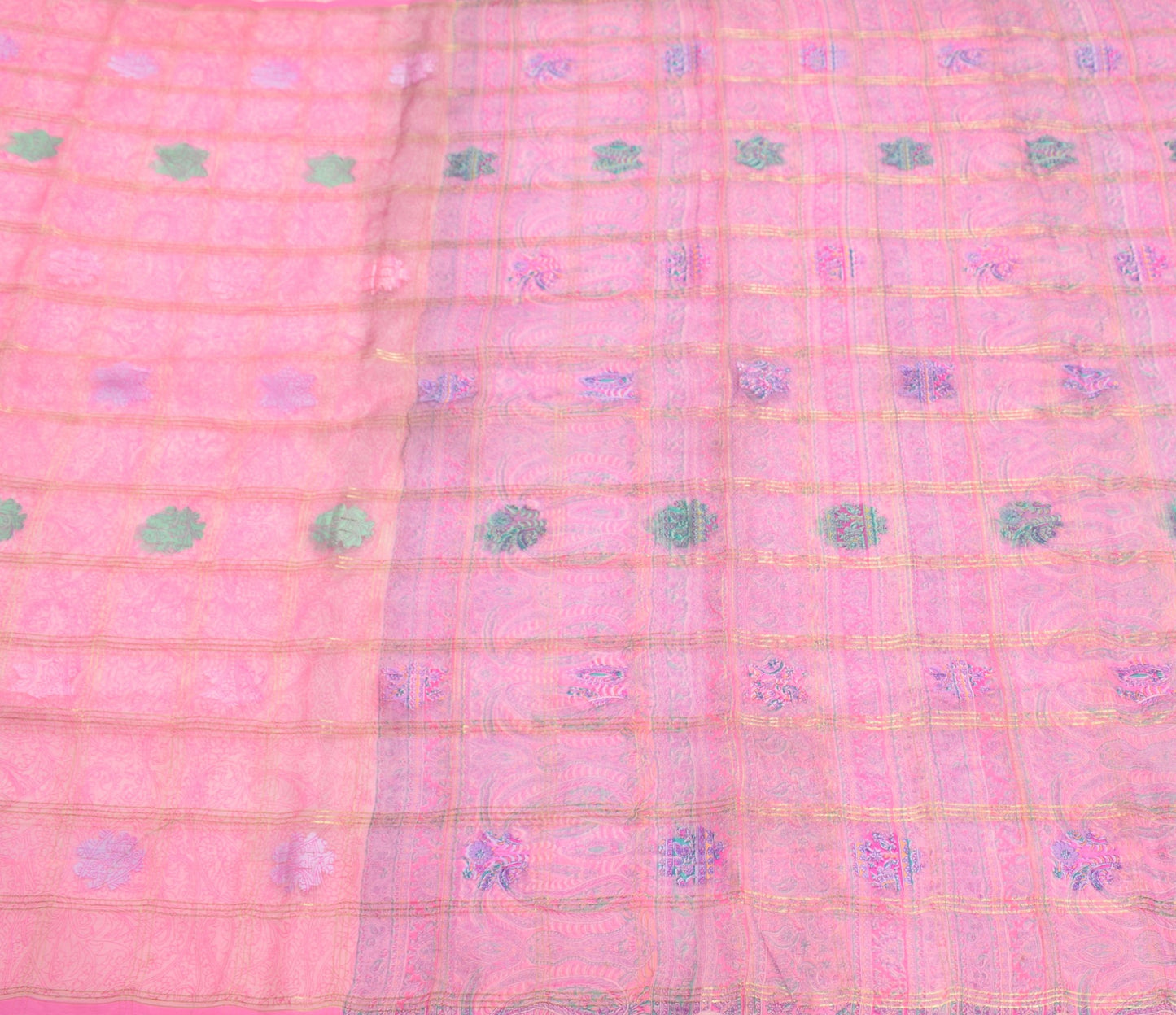Sushila Vintage Pink Scrap Saree 100% Pure Silk Printed & Tant Woven Sari Fabric